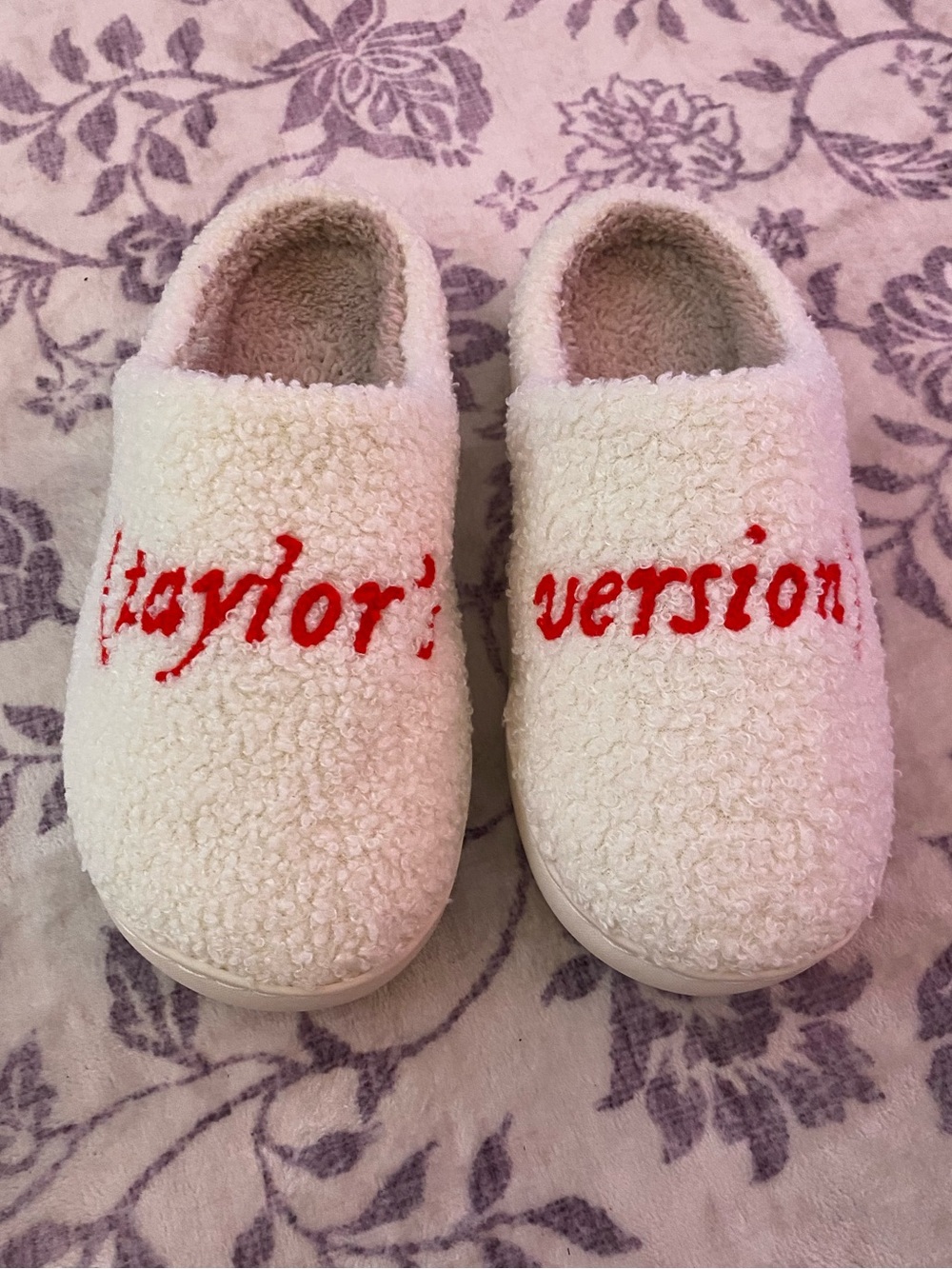 Taylor’s Version Sherpa Slippers White Fuzzy Embroidered House Shoes, cozy, S